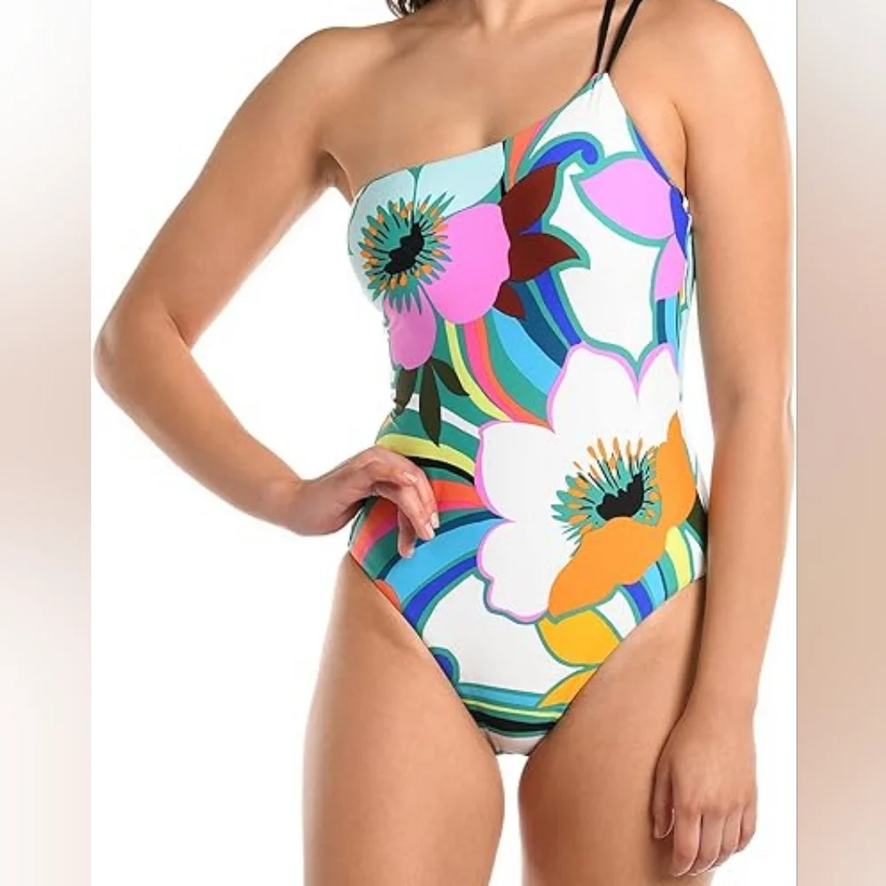 La Blanca Suncatcher One-Shoulder Lace-Up Back One-Piece Floral Multi Size 6 - Picture 2 of 13